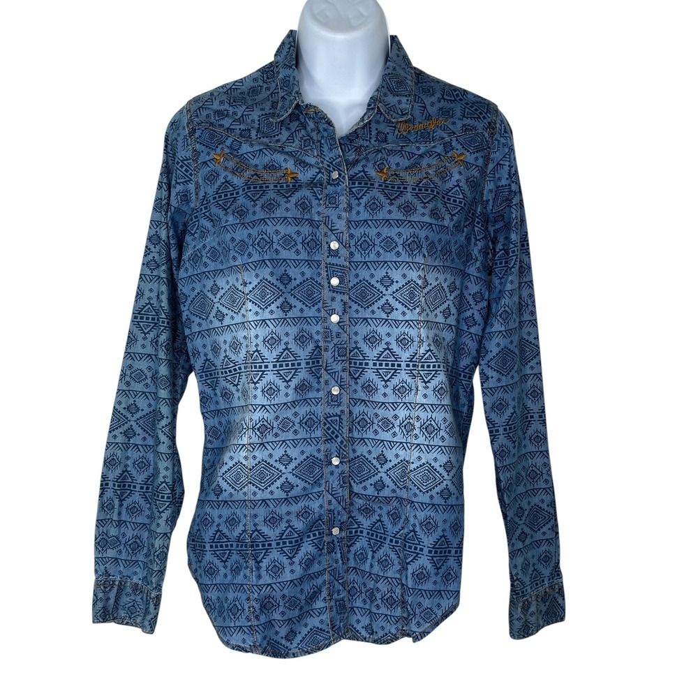 Wrangler Western Snap Shirt Medium Blue Aztec Cowgirl Rodeo Top Embroidered